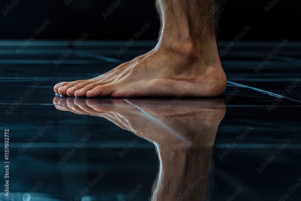 A bare foot stands on a highly reflective surface, emphasizing balance and movement. The foot is illuminated against a dark background, creating a dramatic effect that draws attention.