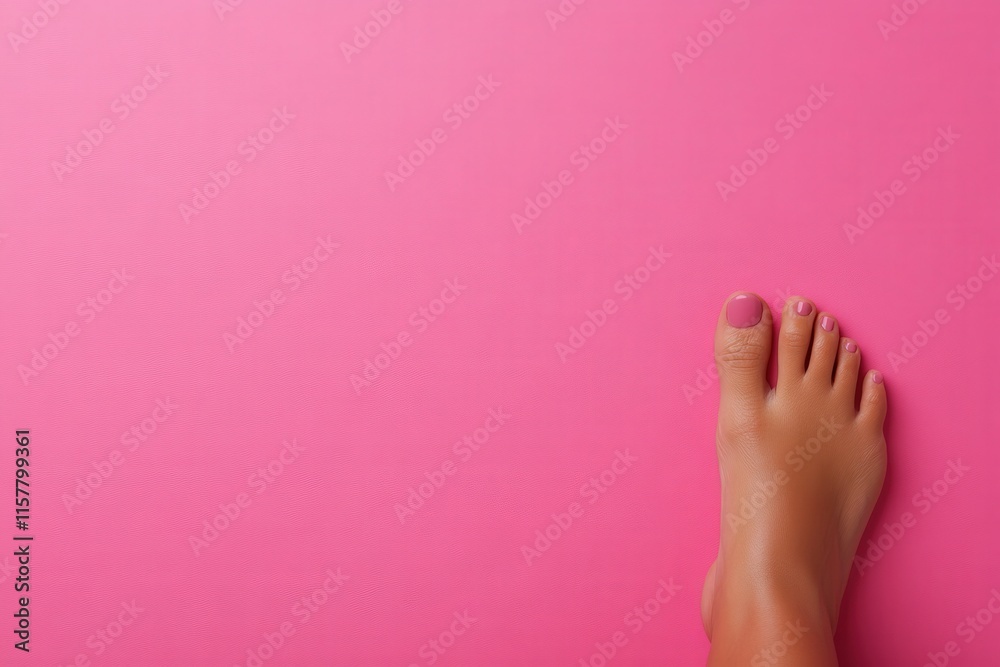 A bare foot with neatly painted pink toenails is positioned on a vibrant pink surface, creating a playful and colorful aesthetic that suggests relaxation and casual beauty.