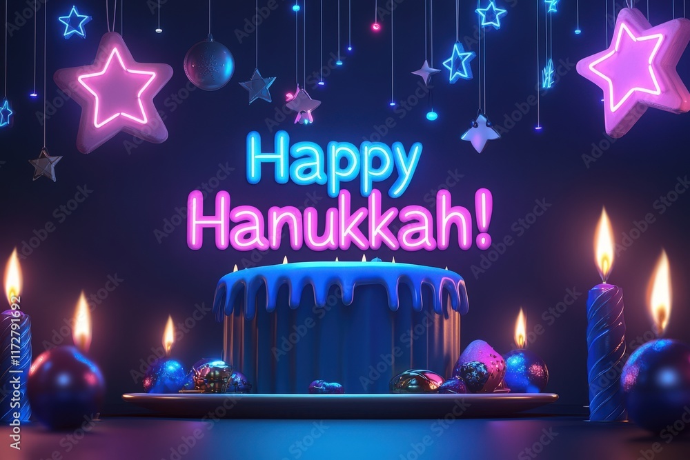 A beautiful Hanukkah display features a blue cake adorned with decorations, glowing candles, and vibrant hanging stars. The atmosphere is festive and celebratory, highlighting the joy of the holiday.
