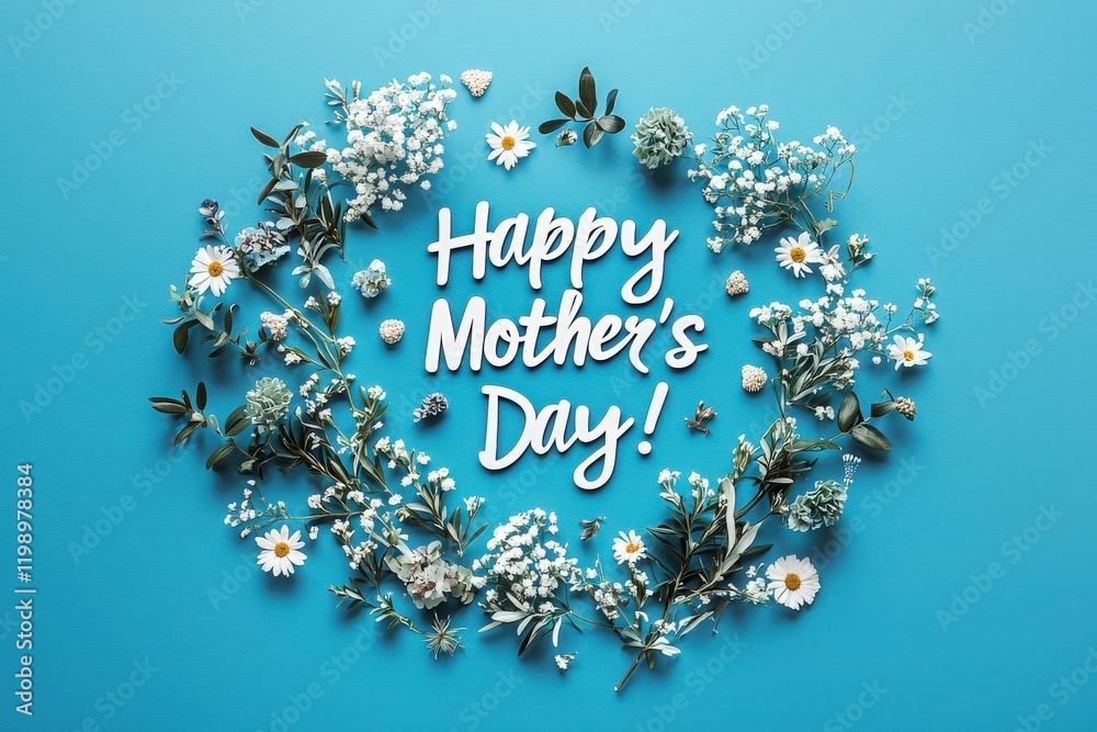 A beautiful arrangement of flowers surrounds a cheerful message for Mothers Day. Delicate white blooms and greenery contrast against a bright blue background, creating a festive atmosphere.
