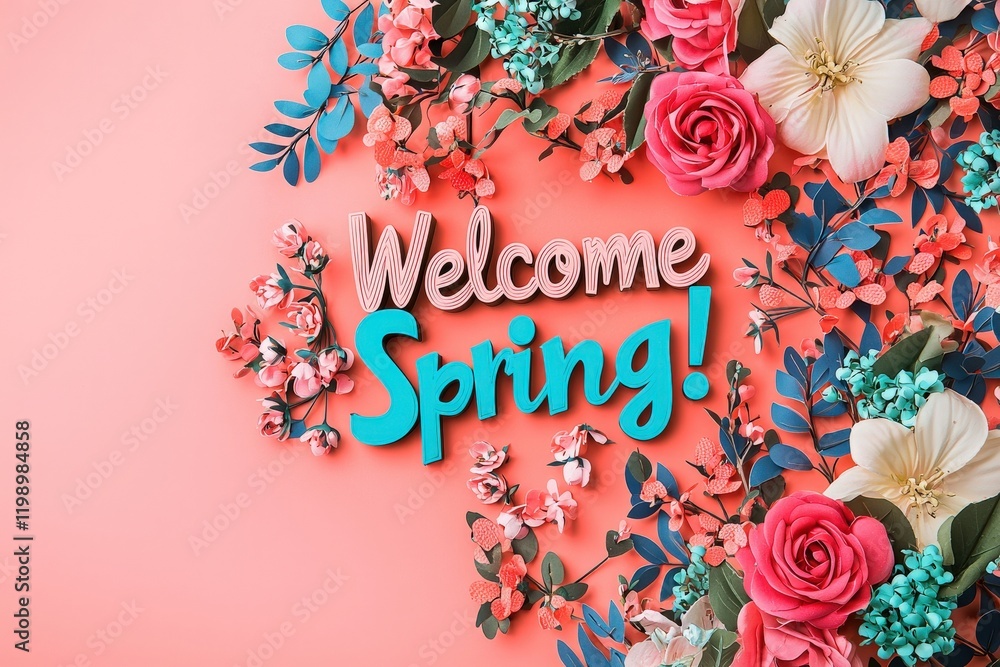 A beautiful display of fresh flowers in shades of pink, blue, and white adorns a bright coral background, welcoming the season of spring with cheerful decorative text.