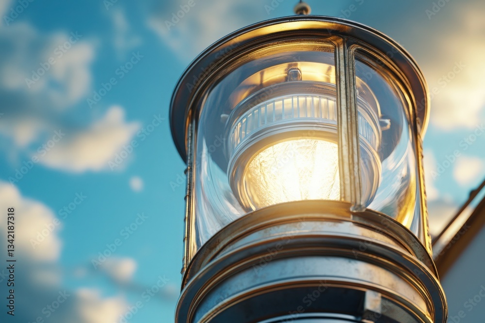 A beautiful lantern shines brightly as the sun sets, illuminating its glass and metal structure. The backdrop features a clear blue sky adorned with fluffy clouds, creating a serene atmosphere.