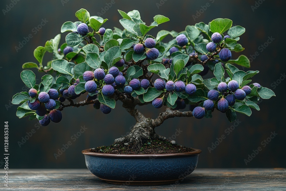 A beautifully arranged bonsai tree showcases an abundance of purple fruits. The tree features lush green leaves and intricate branches, creating a tranquil and artistic centerpiece.