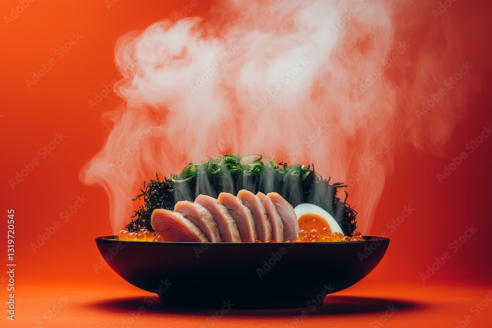 A beautifully arranged seafood dish showcases tender sliced fish, complemented by seaweed, vibrant orange fish roe, and exquisite garnishes. Steam rises from the bowl, enhancing the presentation.