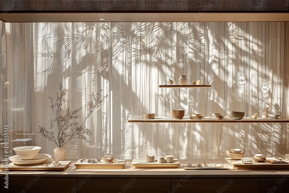 A beautifully arranged showcase features various ceramics and decorative items, illuminated by soft sunlight filtering through sheer curtains. The delicate shadows create an artistic atmosphere.