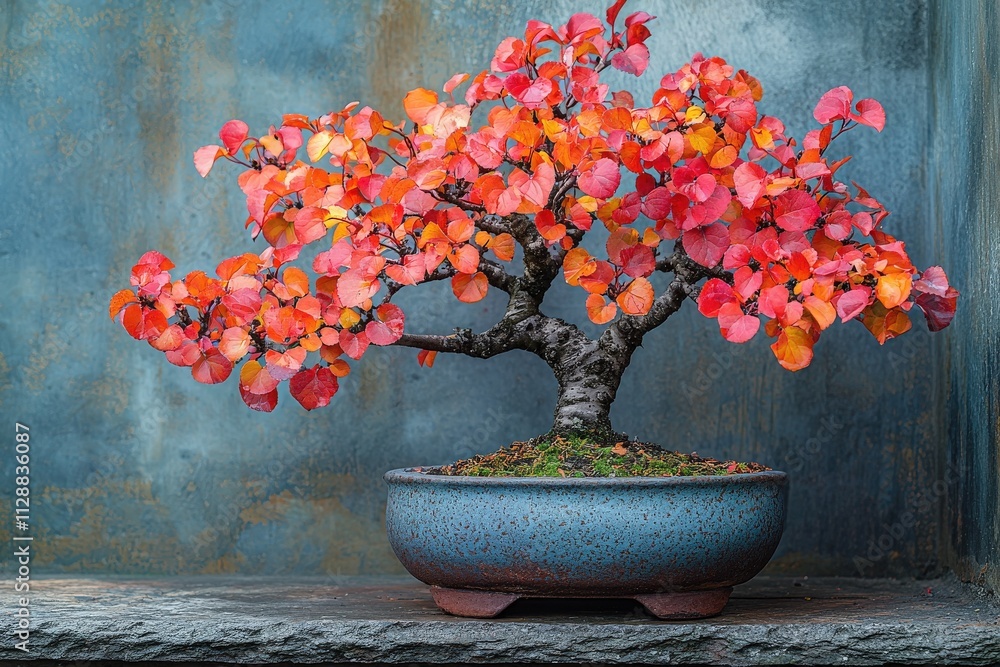 A beautifully crafted bonsai tree displays vivid red and orange leaves, symbolizing the essence of autumn. This serene indoor setup highlights the trees intricate details against a calming backdrop.