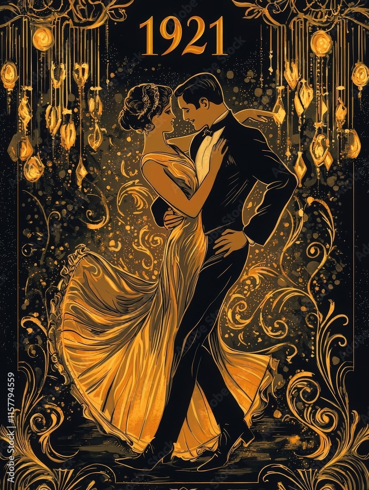 A beautifully crafted illustration captures a couple dancing gracefully, dressed in period attire, embodying the glamour of the 1920s. The golden hues create a festive atmosphere.
