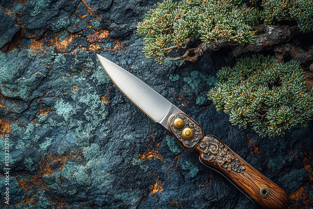 A beautifully crafted knife with intricate details lies on a rugged, stone background. A vibrant green plant adds a touch of nature to the composition, enhancing the visual appeal.