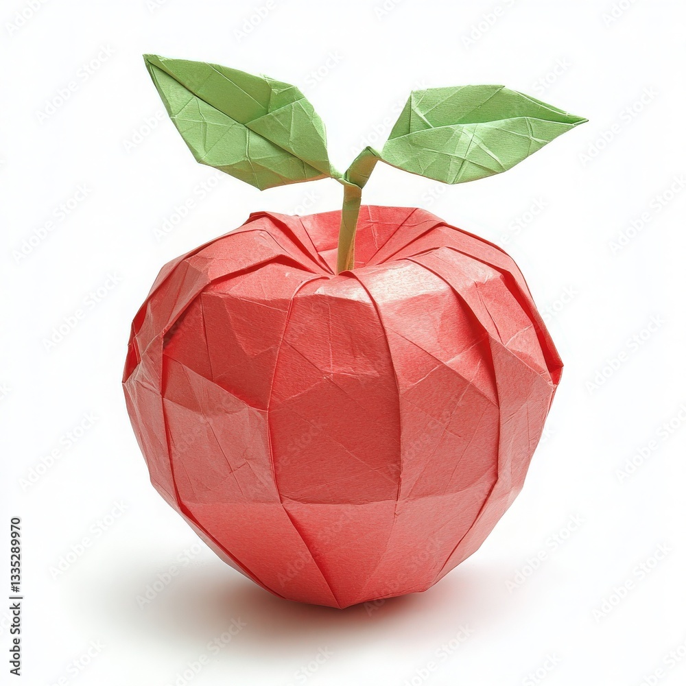A beautifully crafted origami apple features a rich red color and two distinct green leaves. The intricate folds create a realistic appearance, showcasing the art of paper folding.