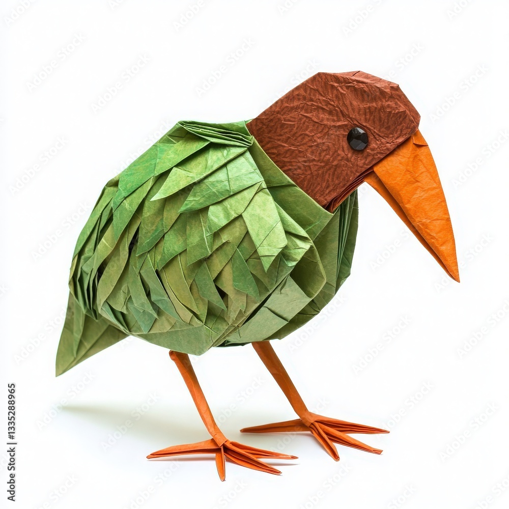 A beautifully crafted origami bird stands with its intricate green body and brown head.