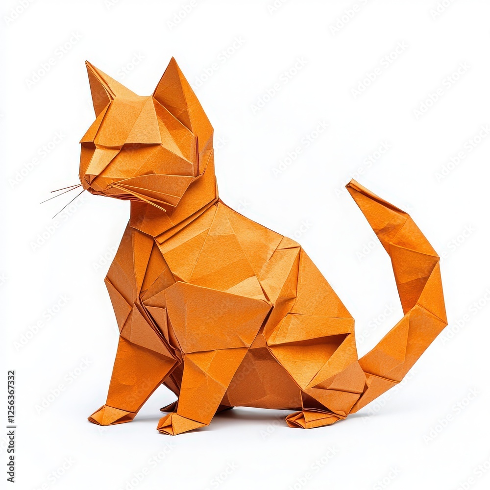 A beautifully crafted origami cat made from vibrant orange paper showcases intricate folding artistry. This decorative piece highlights the creativity and skill involved in paper folding.
