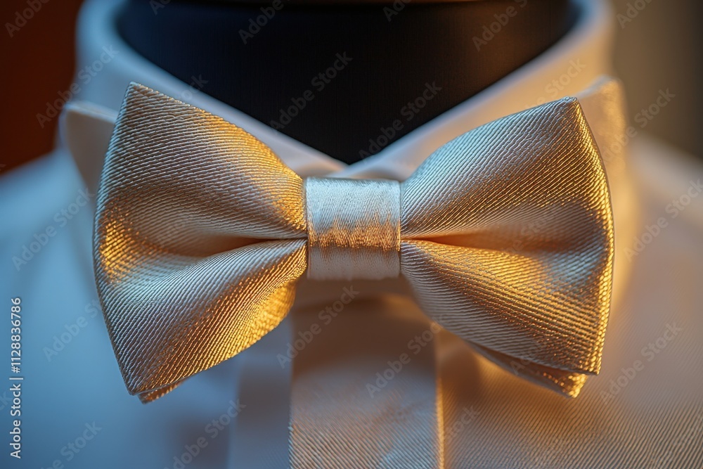 A beautifully crafted white bow tie is neatly tied on a formal shirt, radiating elegance and sophistication. The soft fabric captures light, showcasing its intricate texture.