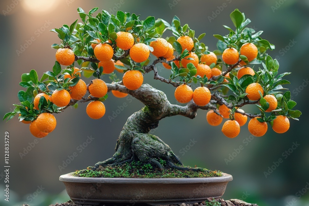 A beautifully cultivated bonsai tree displays clusters of vibrant oranges in a serene garden. The sunlight bathes the scene in golden hues, enhancing the rich colors of the leaves and fruit.