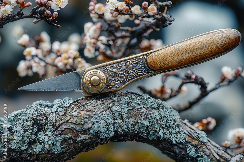 A beautifully designed folding knife is placed on a textured branch adorned with soft pink blossoms. The intricate details of the knife stand out against the natural setting.