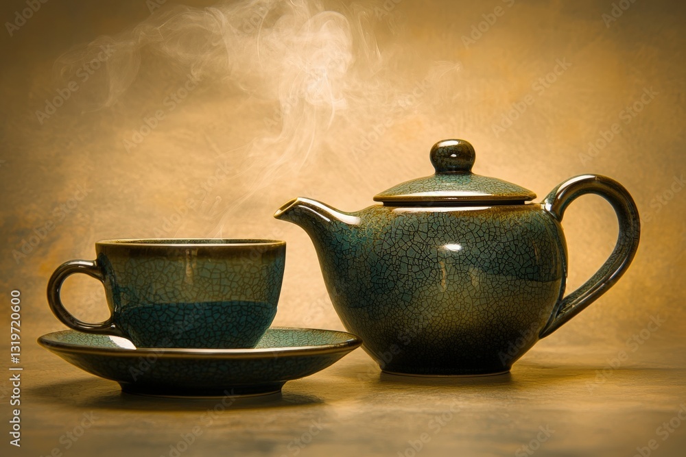 A beautifully designed teapot and cup sit on a surface, steam rising from the cup. The items feature a crackled glaze, highlighted by warm lighting, creating a cozy ambiance perfect for tea time.