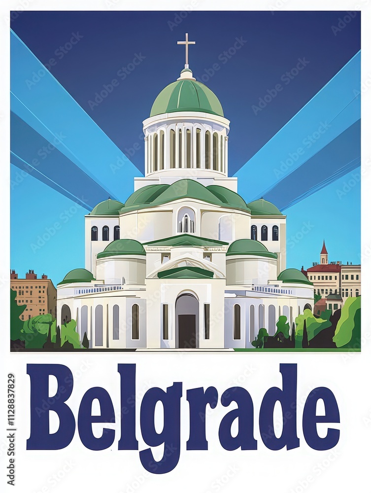 A beautifully illustrated representation of Belgrade showcases a large domed building with green roofs and striking rays of light. The design highlights the cityscape in the background.