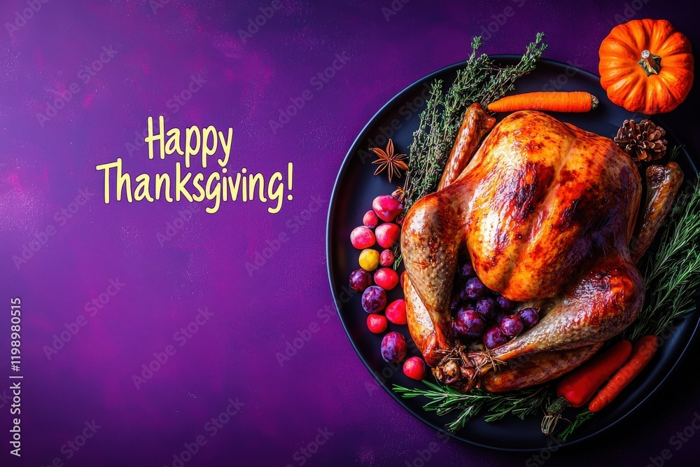 A beautifully roasted turkey sits on a black platter surrounded by colorful vegetables and fruits. Seasonal elements enhance the festive atmosphere, celebrating Thanksgiving.
