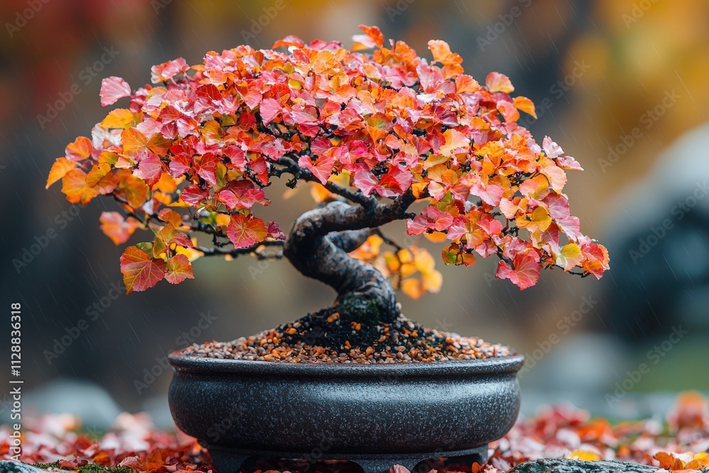 A beautifully shaped bonsai tree displays stunning red and orange leaves, set against a serene garden backdrop. The intricate details of its twisted trunk enhance the autumn ambiance.