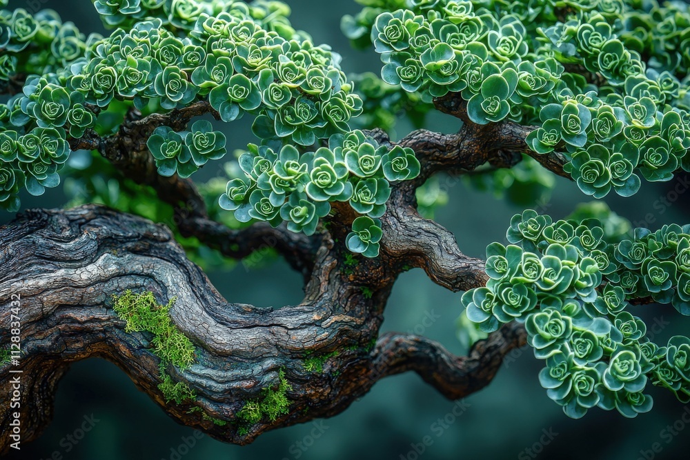A beautifully shaped bonsai tree showcases intricate twisting branches adorned with lush, vibrant green leaves. Its unique structure reflects careful cultivation and artistry in a serene environment.
