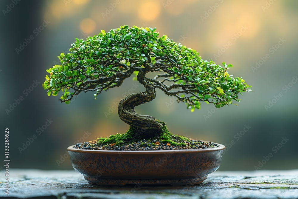 A beautifully styled bonsai tree with vibrant green leaves and a twisting trunk rests in a brown pot. The serene garden background includes soft, blurred colors that evoke tranquility at dusk.
