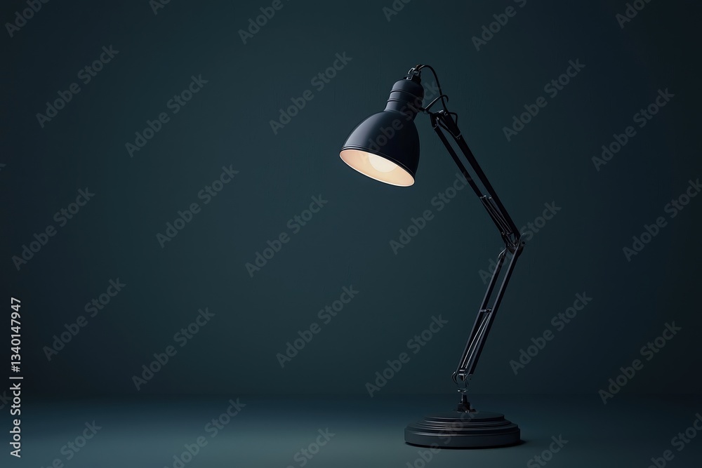 A black desk lamp stands in a darkened room, its adjustable arm directing a warm glow toward the floor. The minimalist design enhances the calm atmosphere, perfect for focused work.