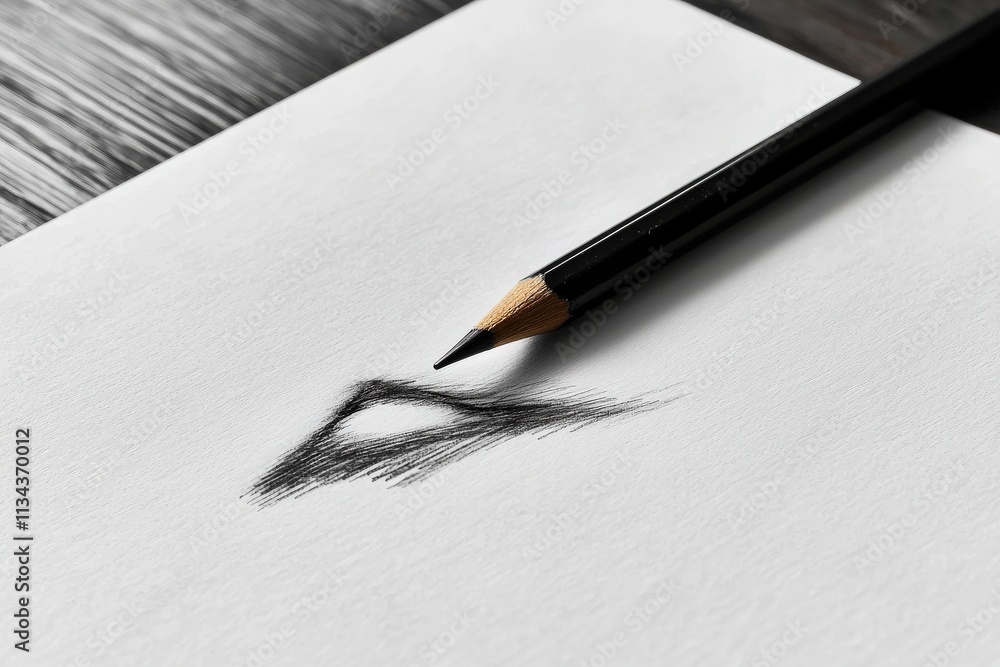 A black pencil is poised above a partially drawn eye on a blank sheet of white paper, capturing the meticulous process of artistic creation. The focus on the pencil showcases fine details.