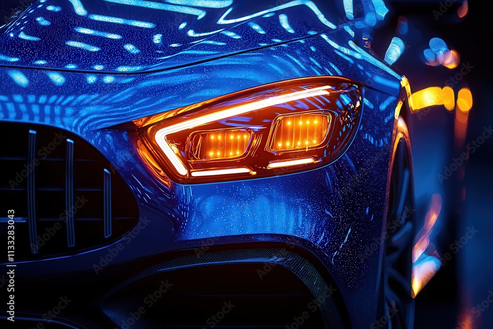 A blue car with striking orange headlights stands out in a vibrant atmosphere filled with colorful lights. The reflections create a dynamic and modern setting, highlighting the cars design.