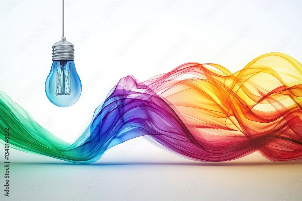 A blue light bulb is suspended above vibrant swirls of color in green, purple, orange, and red, creating a dynamic and artistic display that captures the viewers attention.