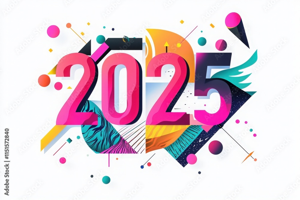 A bold and colorful design featuring the year 2025, surrounded by geometric shapes and lively patterns. The composition uses a mix of bright colors and artistic elements.