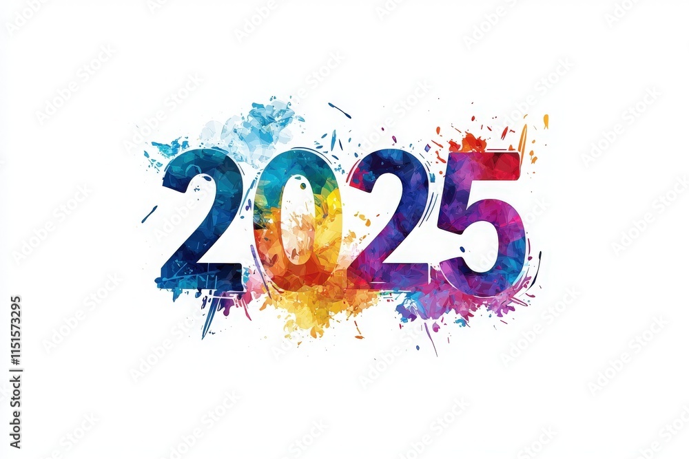 A bold and colorful representation of the year 2025 is showcased with an artistic design featuring vibrant splashes of blue, orange, and pink paint against a white background.