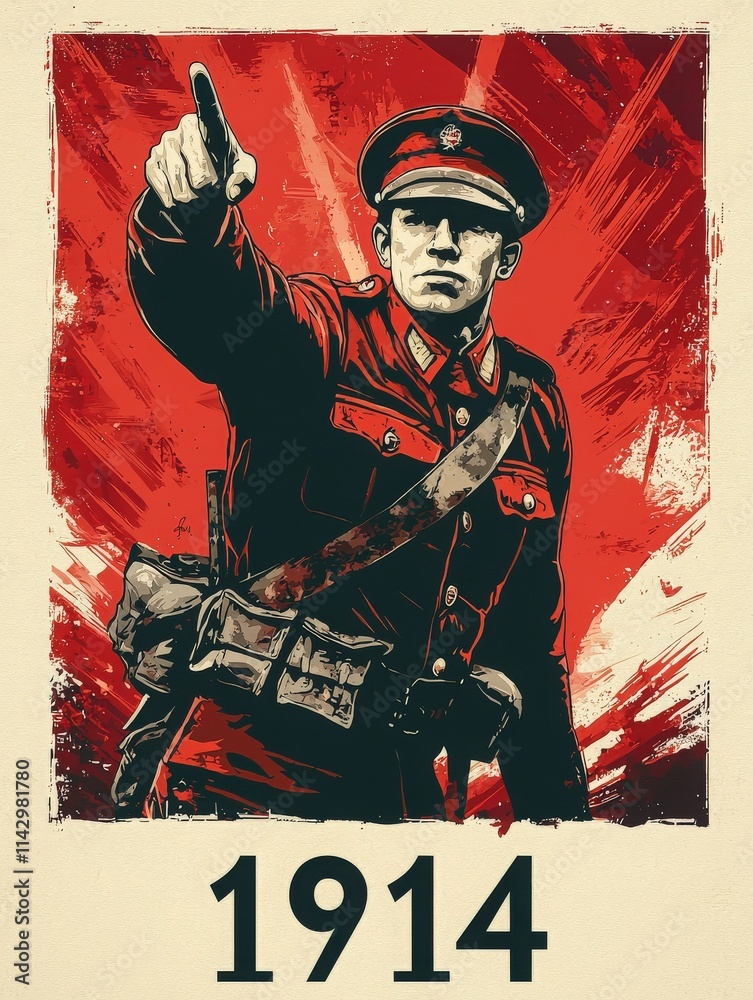 A bold red and beige poster depicts a determined soldier in uniform, pointing confidently as he inspires action. The year 1914 prominently appears at the bottom, emphasizing historical significance.