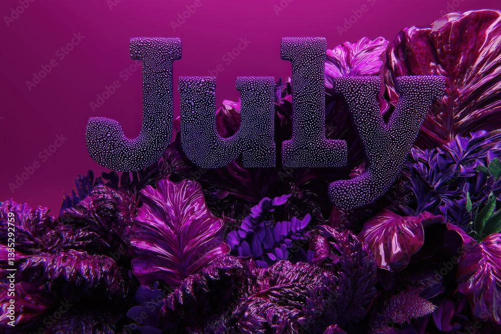 A bold representation of the word July stands out amid lush, textured plant leaves in vivid purple shades. The arrangement creates a striking contrast, highlighting the essence of summer.