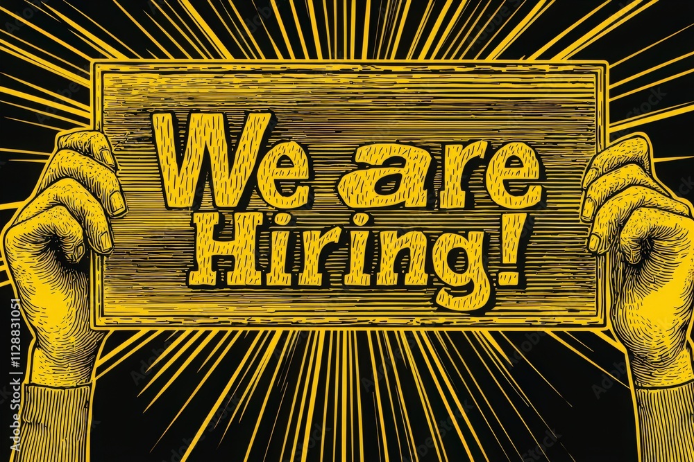 A bold sign reading We are Hiring! is being held up by two hands against a vivid yellow background with radiating lines, emphasizing a call for job applicants.