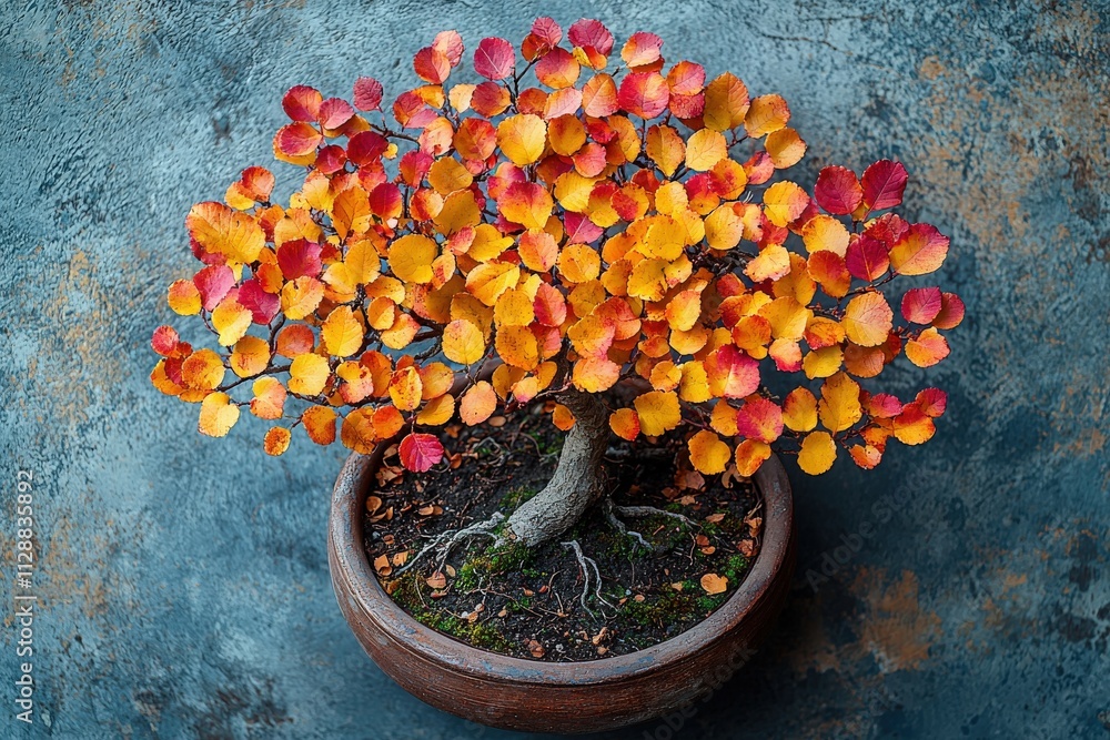 A bonsai tree displays a colorful array of orange and yellow leaves, creating a stunning contrast with its dark pot and textured backdrop, highlighting the beauty of nature indoors.