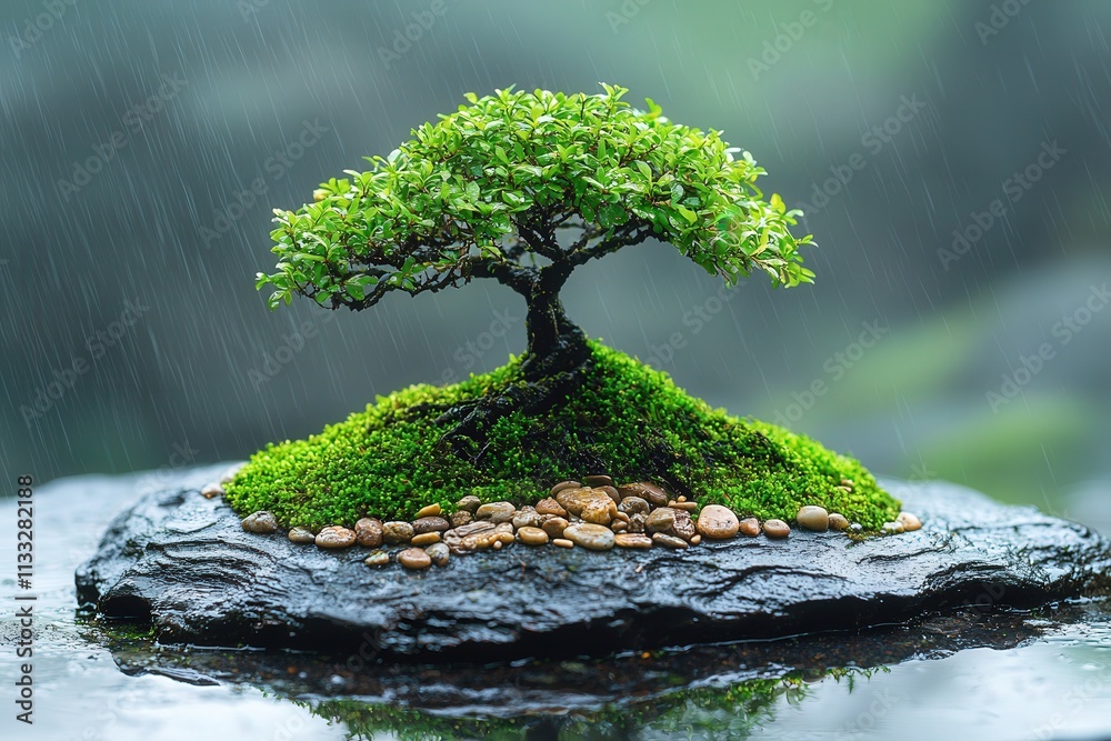 A bonsai tree stands proud on a moss-covered stone surrounded by small pebbles. Rain falls gently, enhancing the vibrant green of the leaves and moss, creating a serene atmosphere.