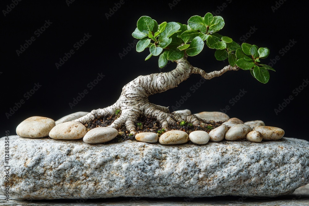 A bonsai tree with lush green leaves is artistically arranged atop a large, smooth stone, surrounded by smaller pebbles. This serene composition highlights natures beauty and tranquility.