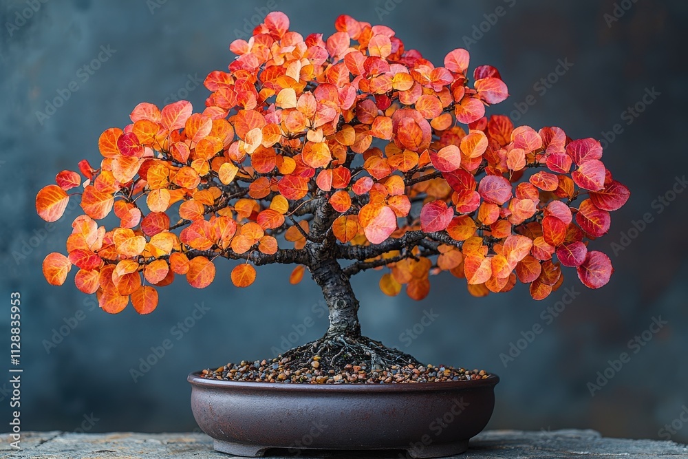 A bonsai tree with lush, orange and red leaves stands prominently in a round pot. The intricate branches create an elegant display of autumns rich colors against a muted background.