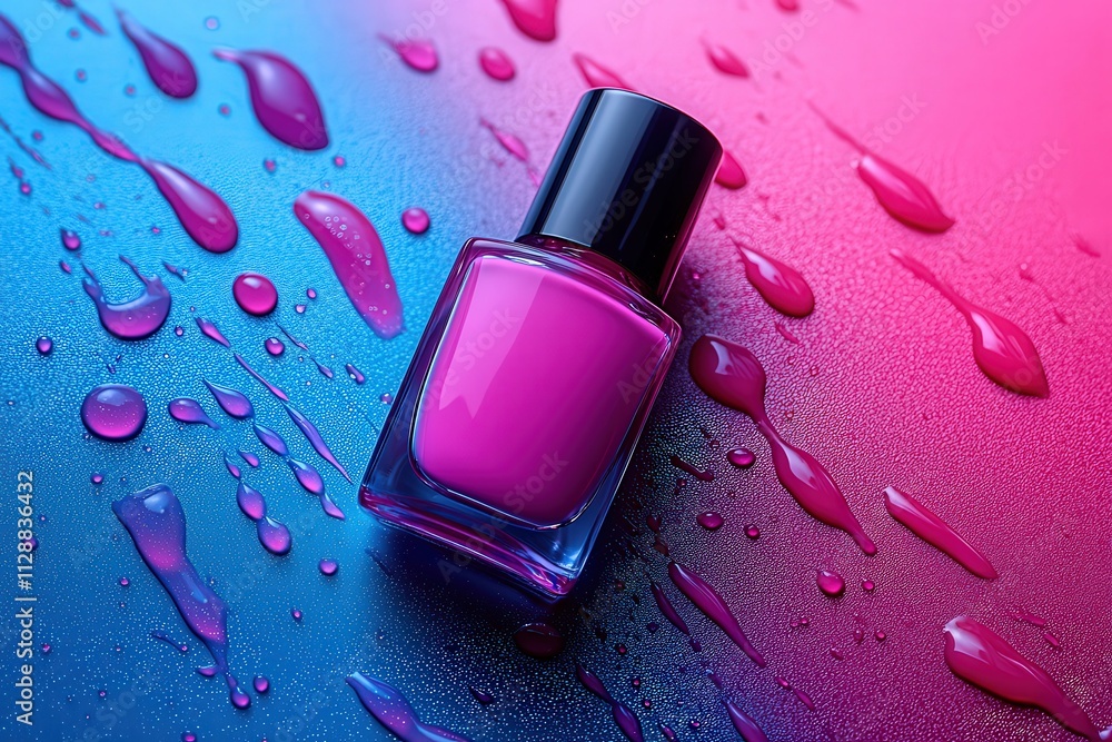 A bottle of vibrant pink nail polish rests on a textured surface covered in colorful droplets. The contrasting blue and pink backdrop enhances its bold color.