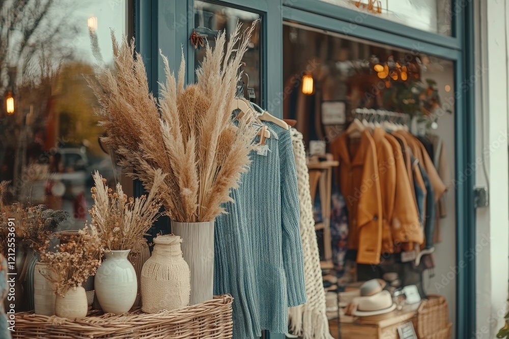 A boutique in an urban area showcases neutral-toned seasonal clothing and dried plants. Natural textures and warm colors draw attention to the inviting storefront, highlighting artisanal details.