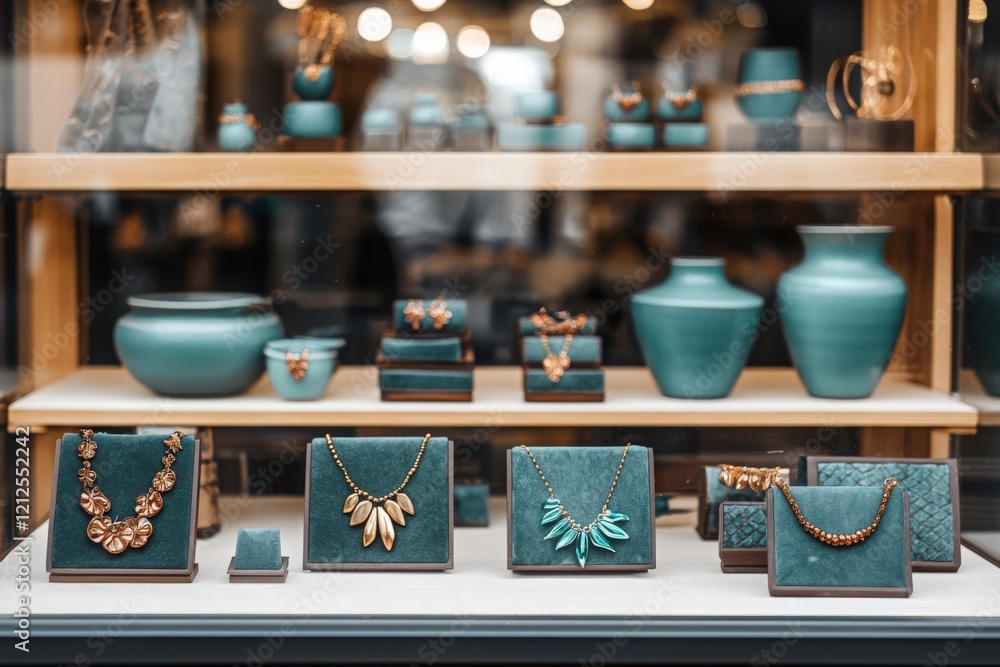A boutique showcases an elegant display of jewelry, featuring intricate necklaces and earrings. The display is complemented by turquoise pottery and a sophisticated atmosphere.