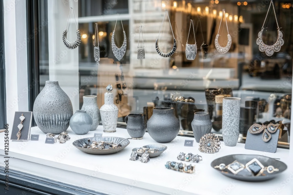 A boutique window showcases an array of silver jewelry and decorative pieces. Elegant necklaces, rings, and vases draw attention in a stylish urban setting during the day.