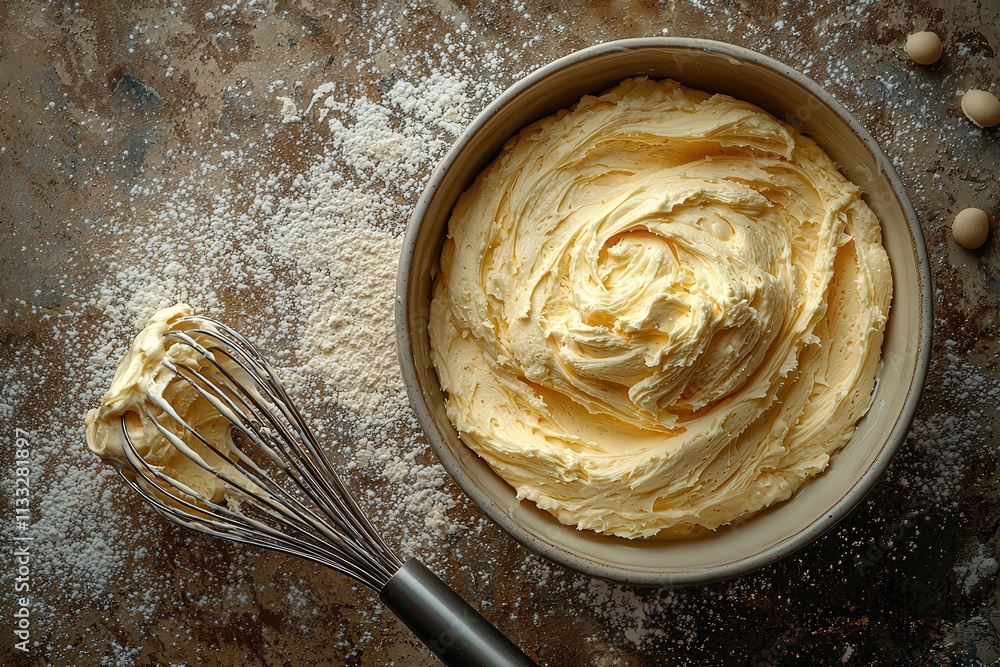 A bowl filled with smooth, creamy butter sits on a rustic countertop alongside a metal whisk and a scattering of flour, indicating a baking activity in progress during daylight.