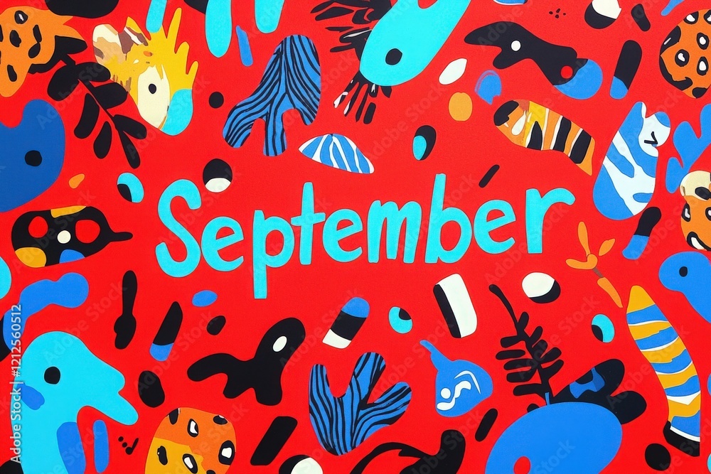 A bright September poster displays the word September in bold blue letters, surrounded by lively illustrations of animals and abstract shapes in various colors on a red backdrop.