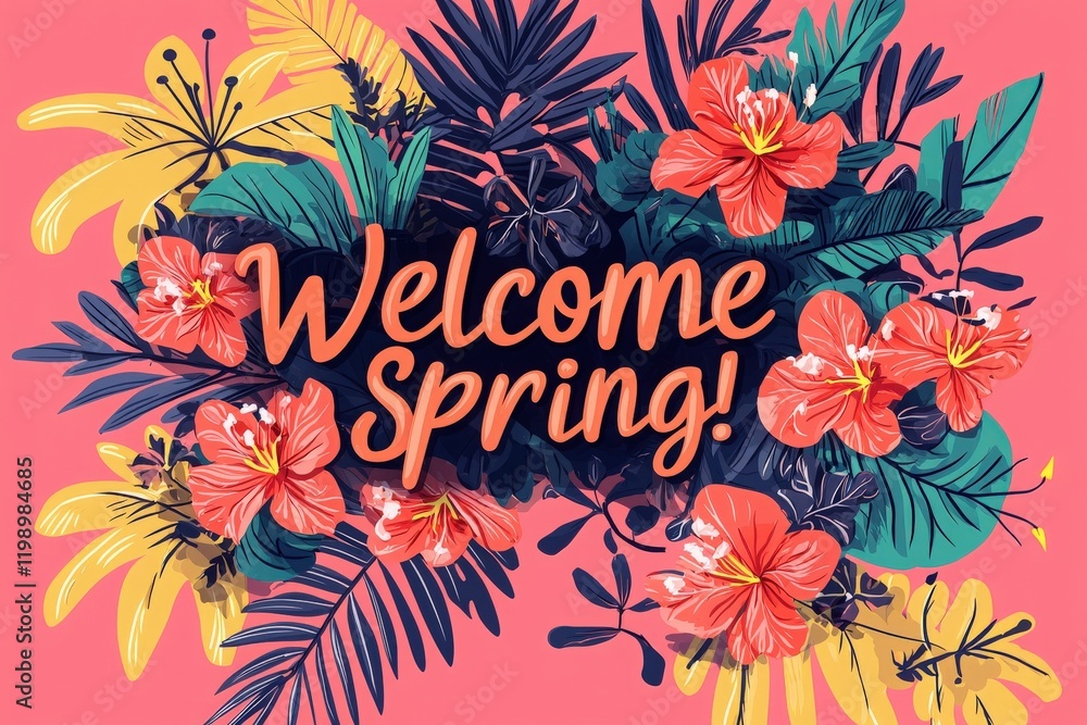 A bright and cheerful arrangement of tropical flowers and lush greenery celebrates the arrival of spring. The design features bold colors and a welcoming message that evokes warmth and renewal.