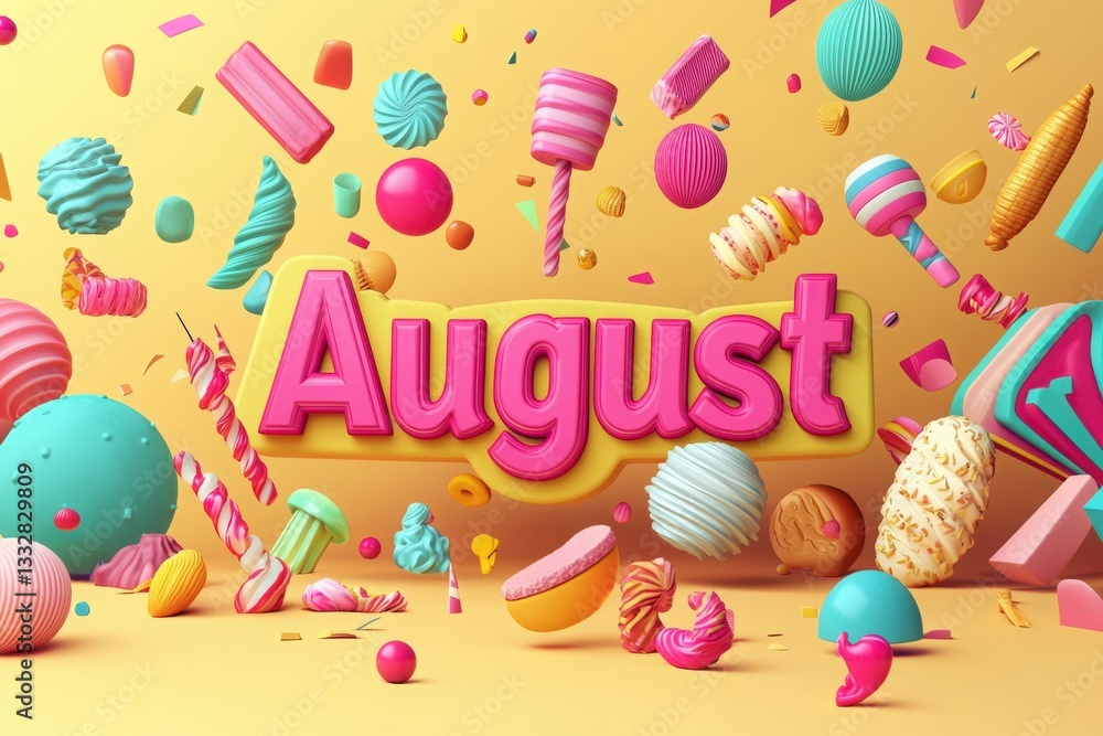 A bright and cheerful arrangement showcases various colorful sweets and candies surrounding the bold lettering of August. The playful composition evokes joy and celebration.