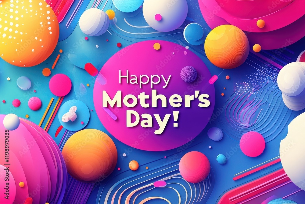 A bright and colorful design celebrating Mothers Day features abstract shapes, vibrant spheres, and cheerful colors. The festive greeting stands out with playful energy against a blue backdrop.
