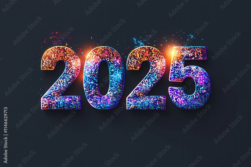 A bright and colorful design displays the number 2025, featuring intricate patterns and sparkling effects. This creative representation signifies the upcoming year in a festive manner.