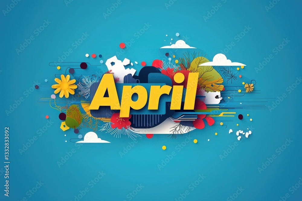 A bright and colorful design represents April, featuring stylized flowers, clouds, and abstract shapes. The lively composition highlights the essence of spring with a playful aesthetic.
