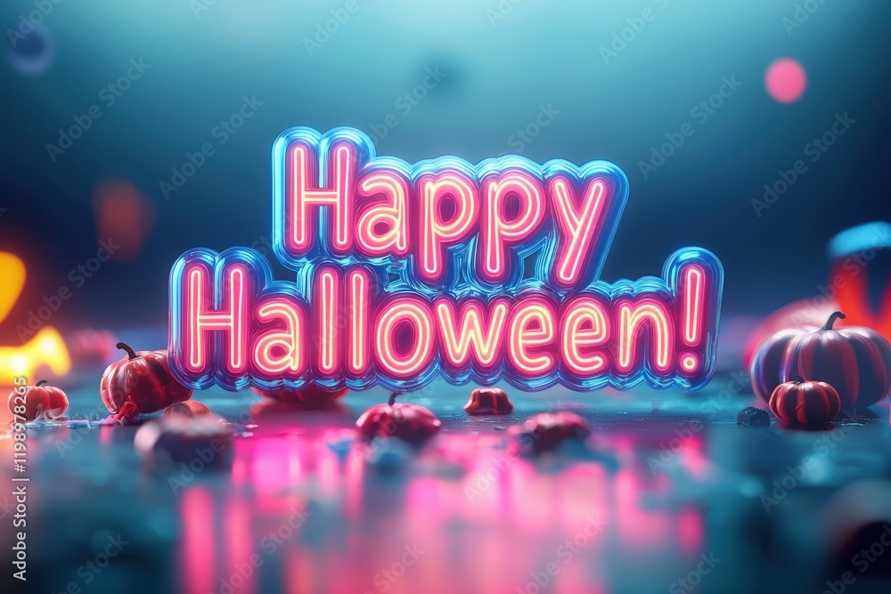 A bright and colorful display showcases the words Happy Halloween among scattered pumpkins and festive lights. The atmosphere is lively and playful, evoking the spirit of the holiday.