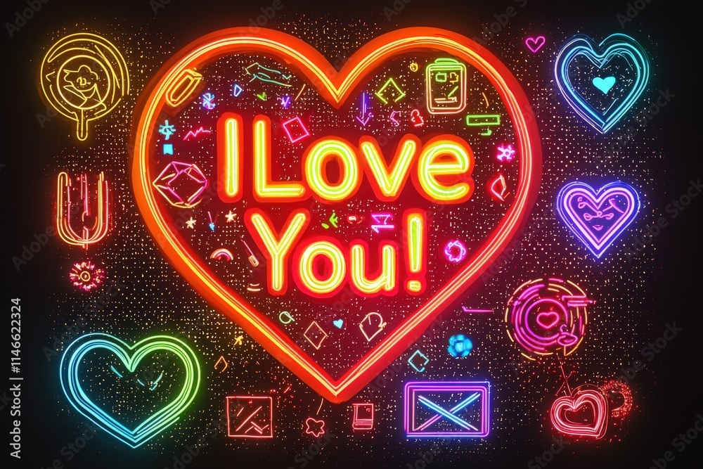 A bright and colorful neon heart design showcases the message I Love You! surrounded by various playful symbols. The artwork radiates warmth and affection with its vivid colors.